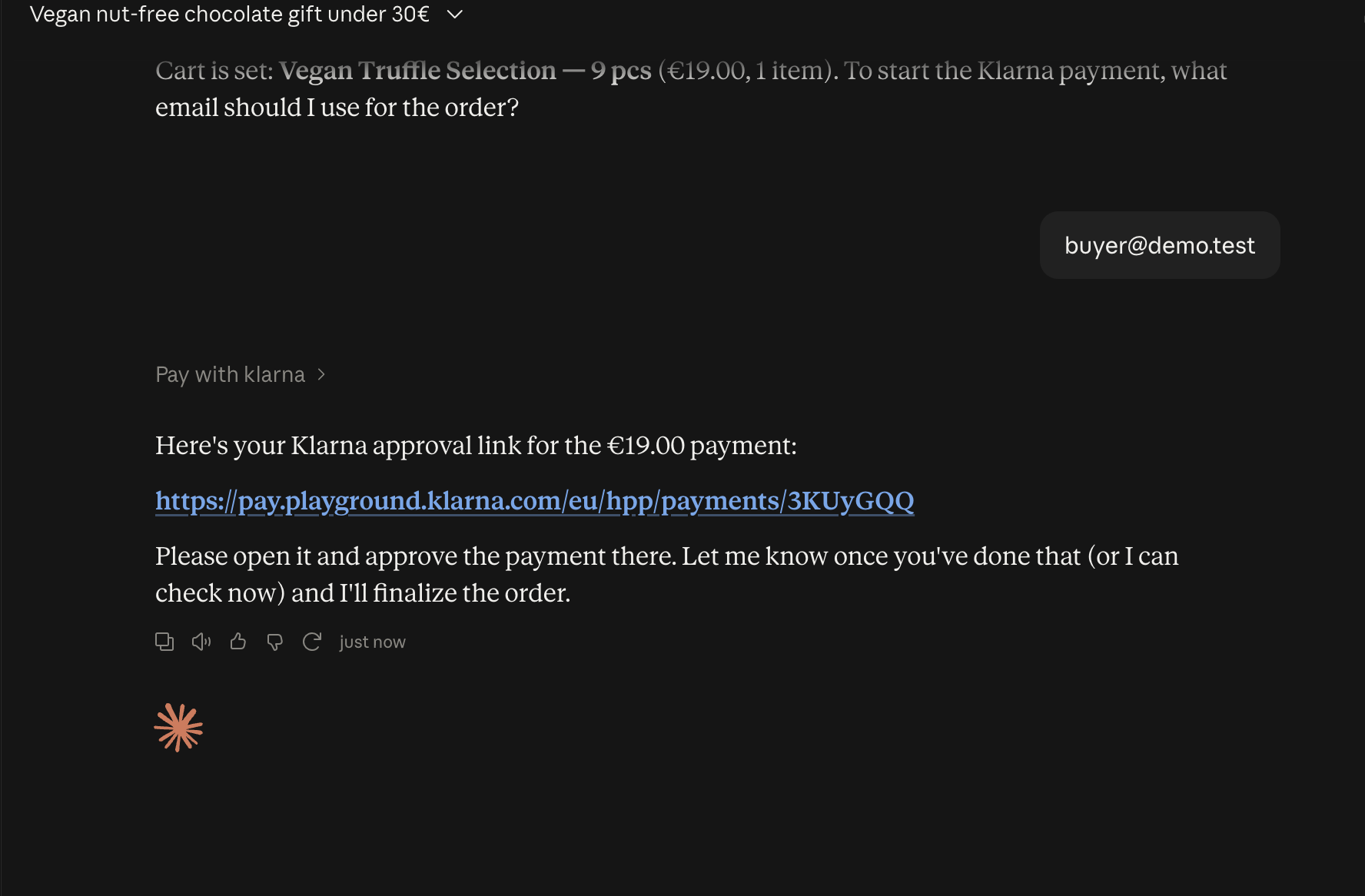 Claude returns the Klarna approval link