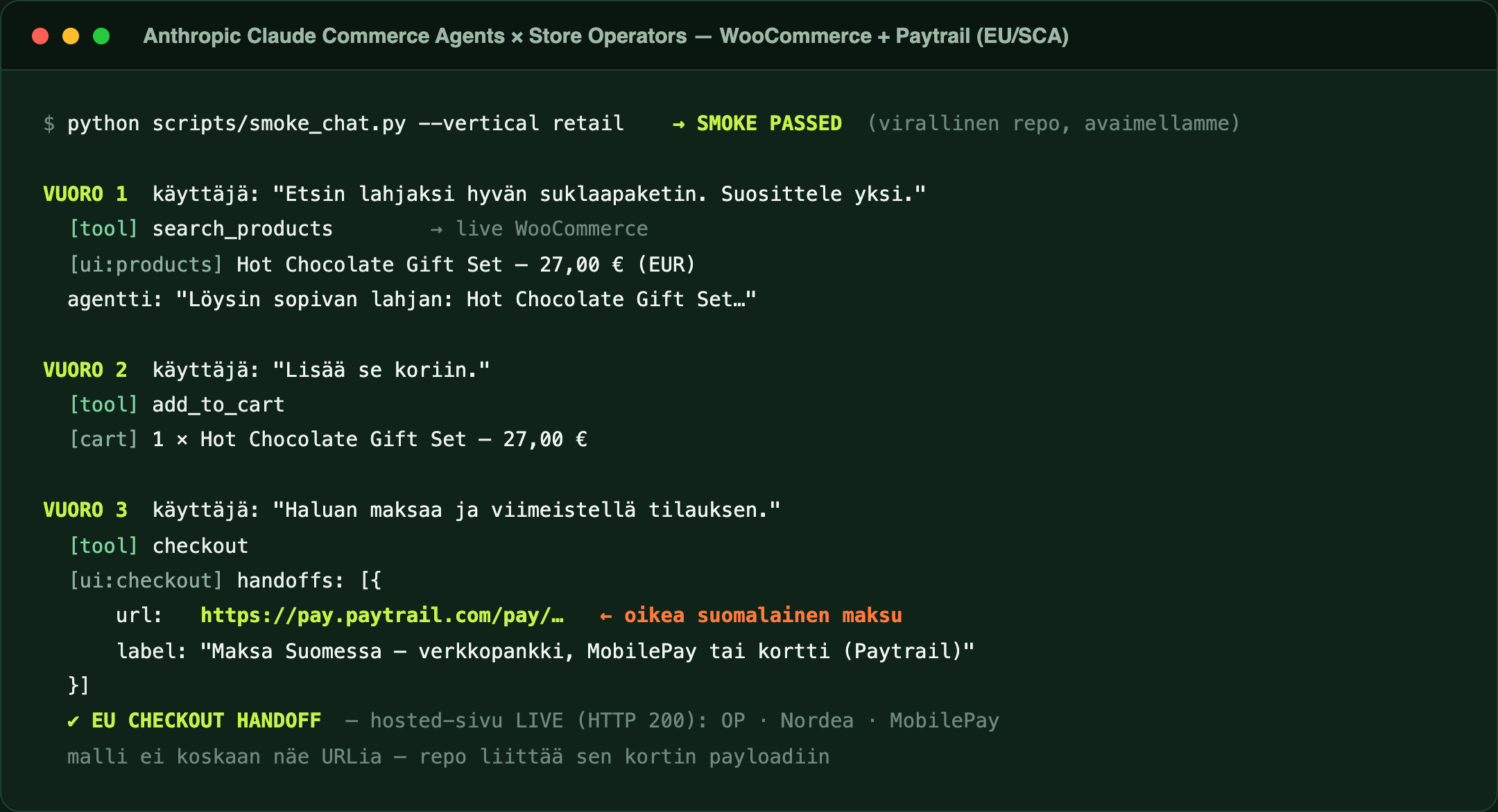 Anthropic's official shopping agent running against a live WooCommerce store and handing off to Paytrail