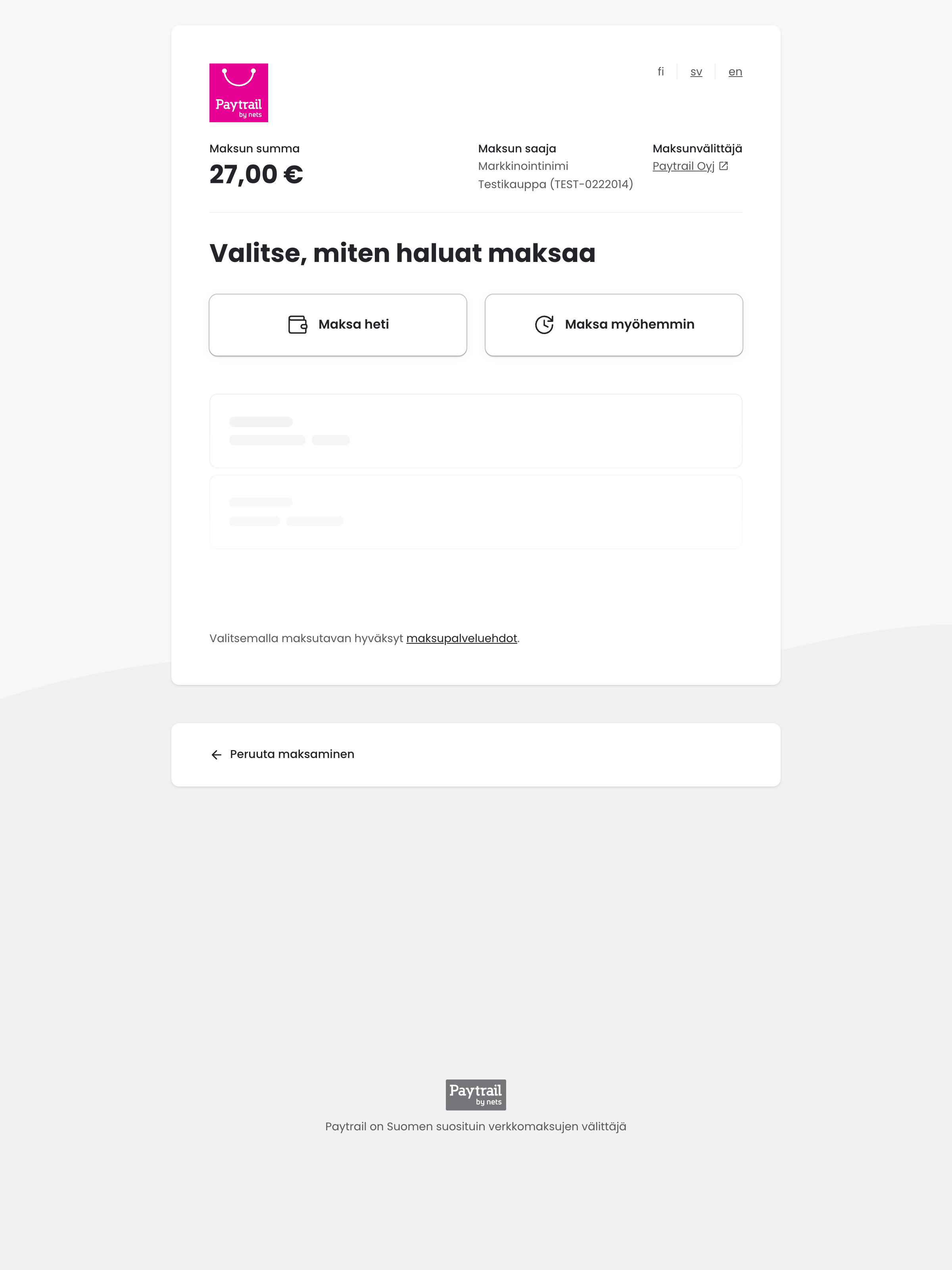 The Paytrail hosted payment page the checkout hands off to, EUR 27.00, awaiting human SCA
