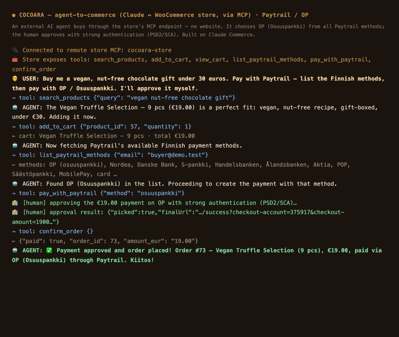 External AI agent picks OP among all Paytrail methods and completes order #73 over MCP