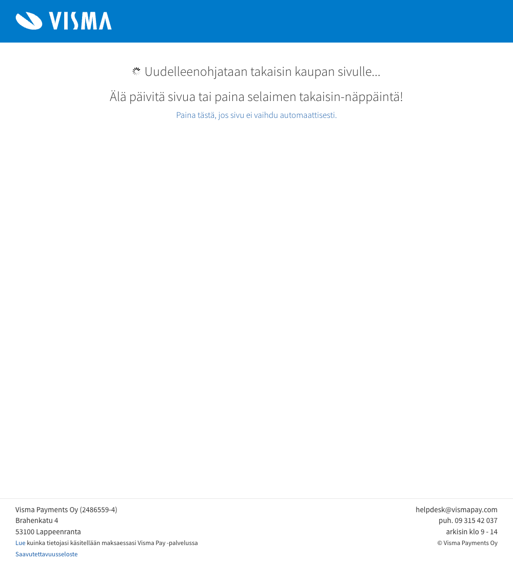 Visma Pay confirms and redirects back to the store after approval