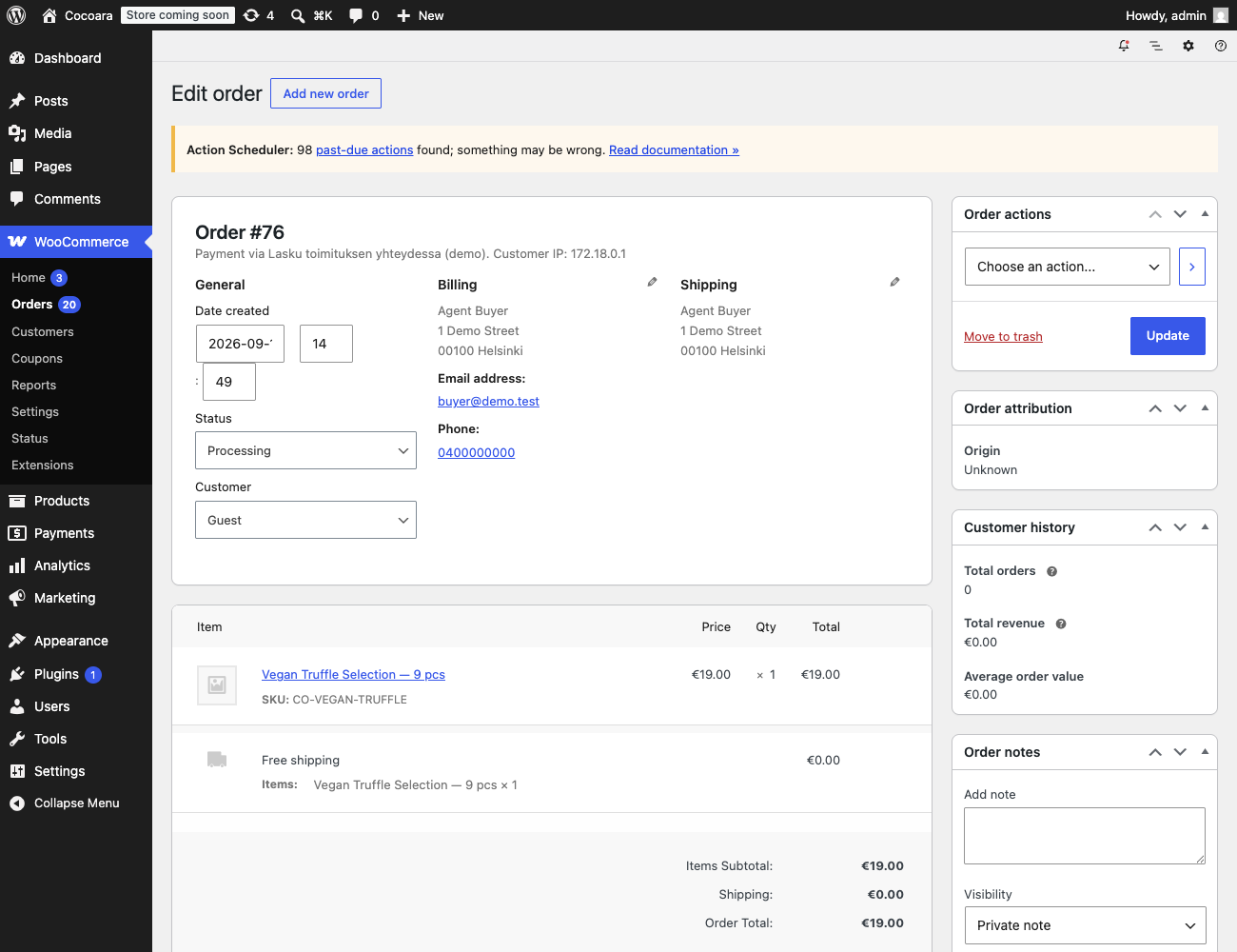 WooCommerce order #76 placed after the Visma Pay payment was approved