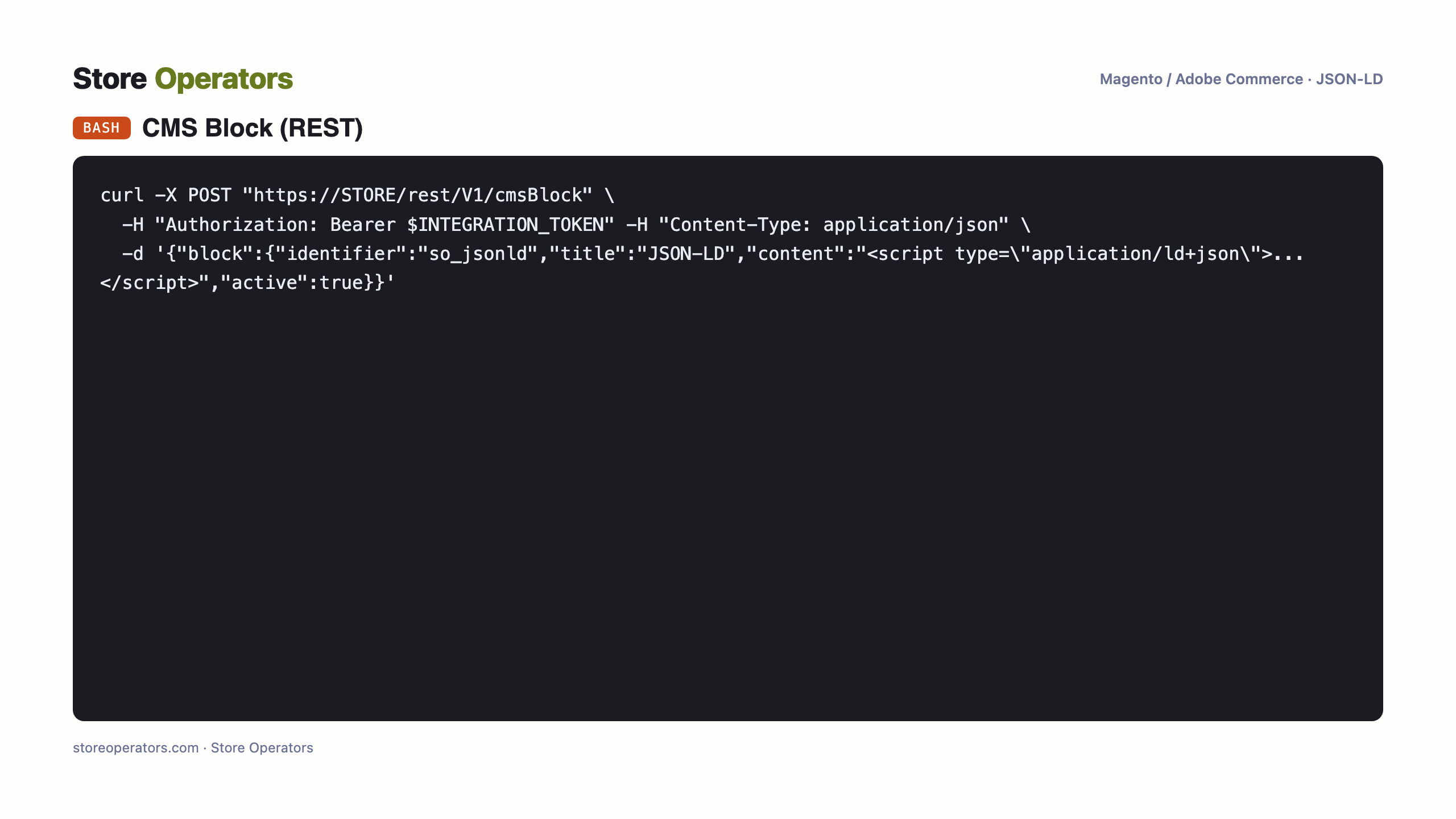CMS Block (REST) — koodi JSON-LD:n lisäämiseen Magento / Adobe Commerceiin