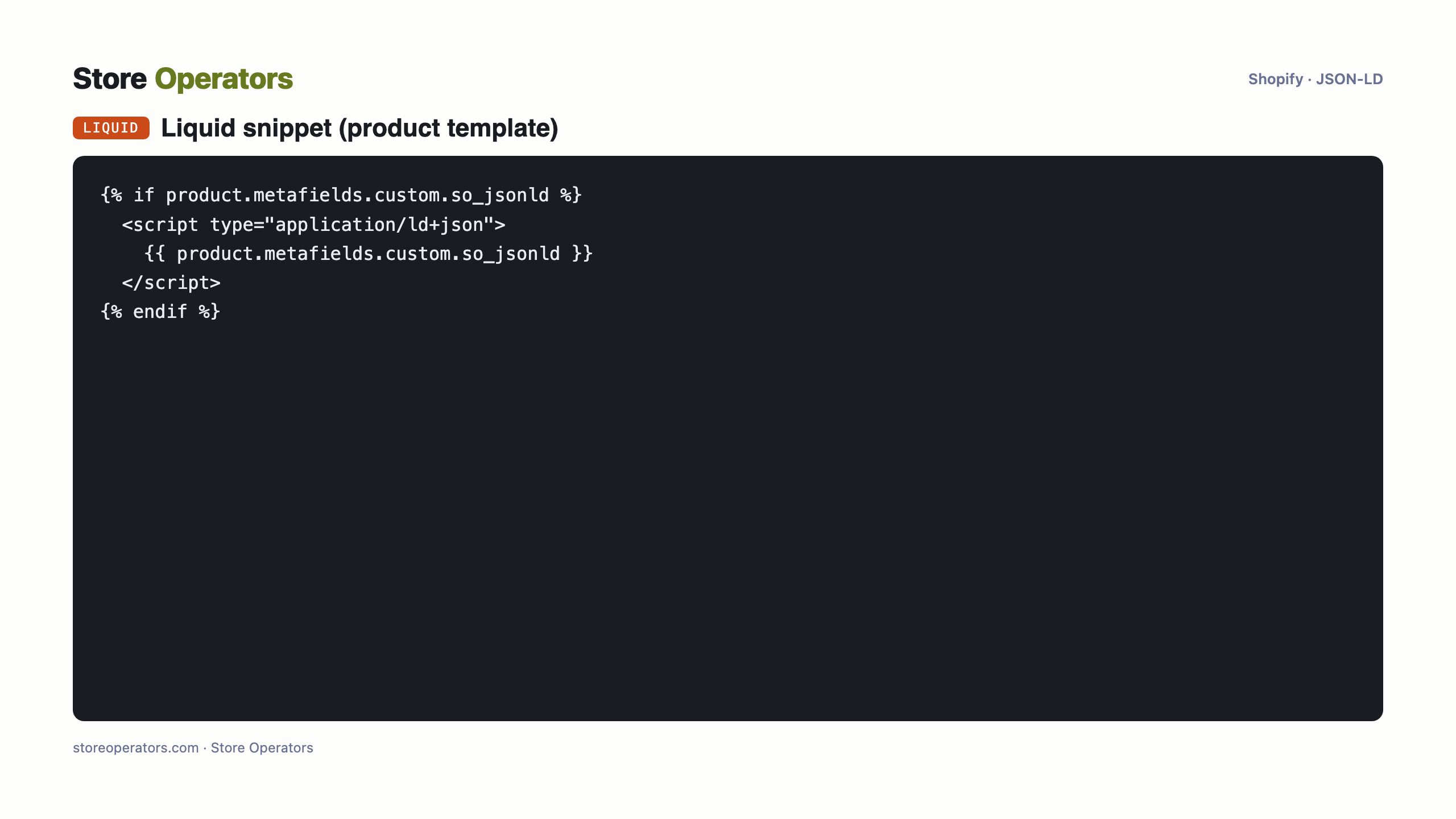 Liquid-snippet (tuotetemplate) — koodi JSON-LD:n lisäämiseen Shopifyiin